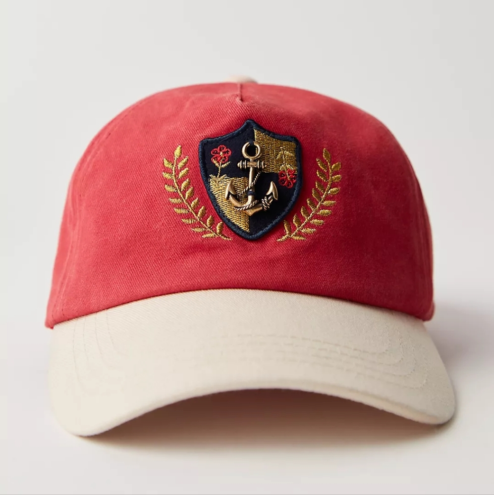 Free People Red and Cream Embroidered Cap
